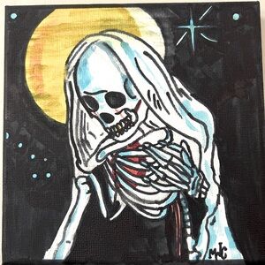 Original 4”x4” painting signed Mike comer praying death